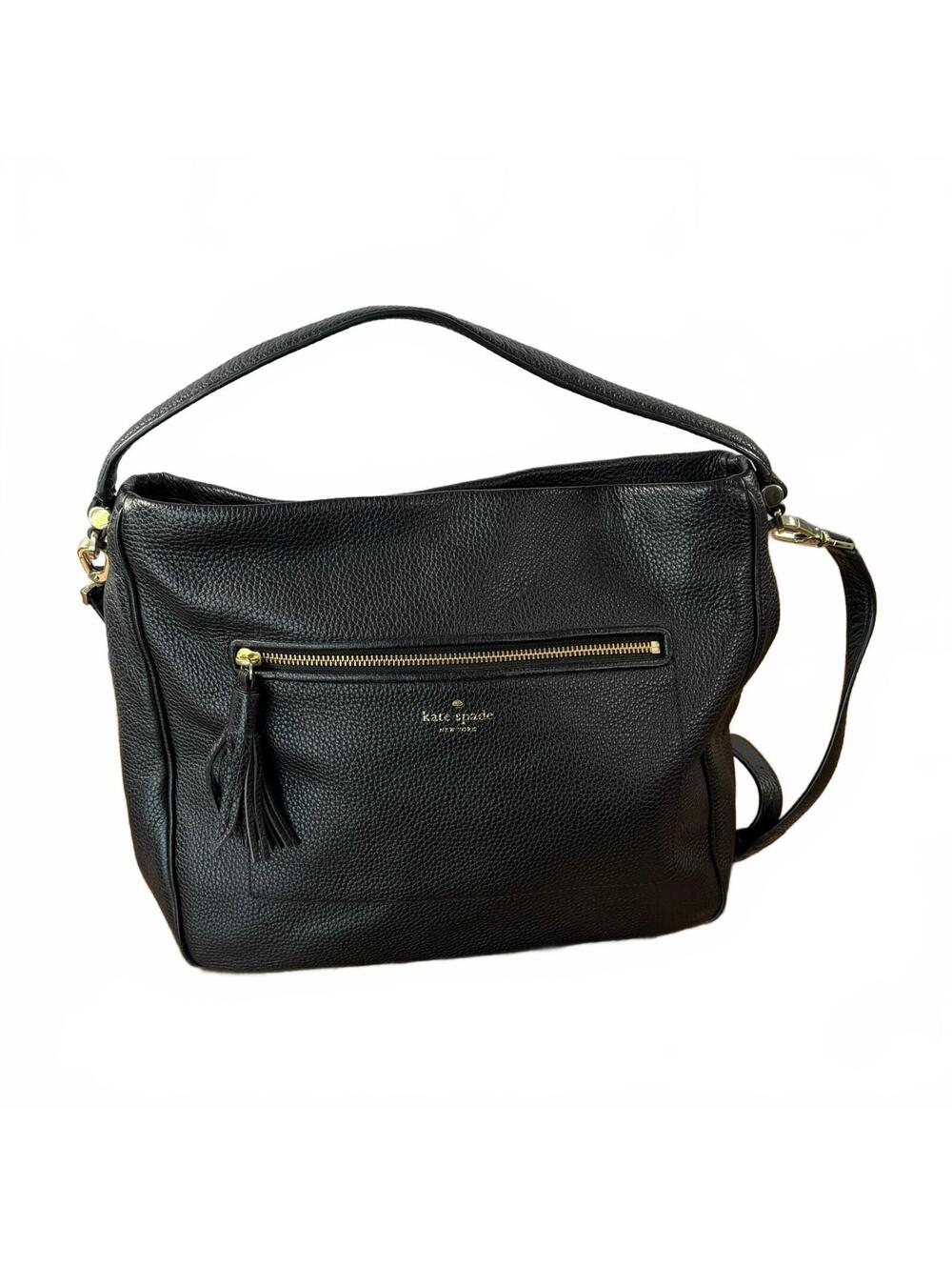 Kate Spade New York Black Pebbled Leather Hobo Shoulder Bag Tassel Crossbody